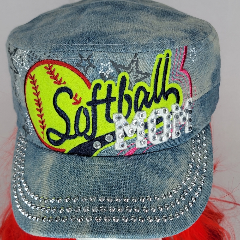 ``H25240 NWT Splash Light Blue Denim Rhinestone Softball MOM Cadet Caps